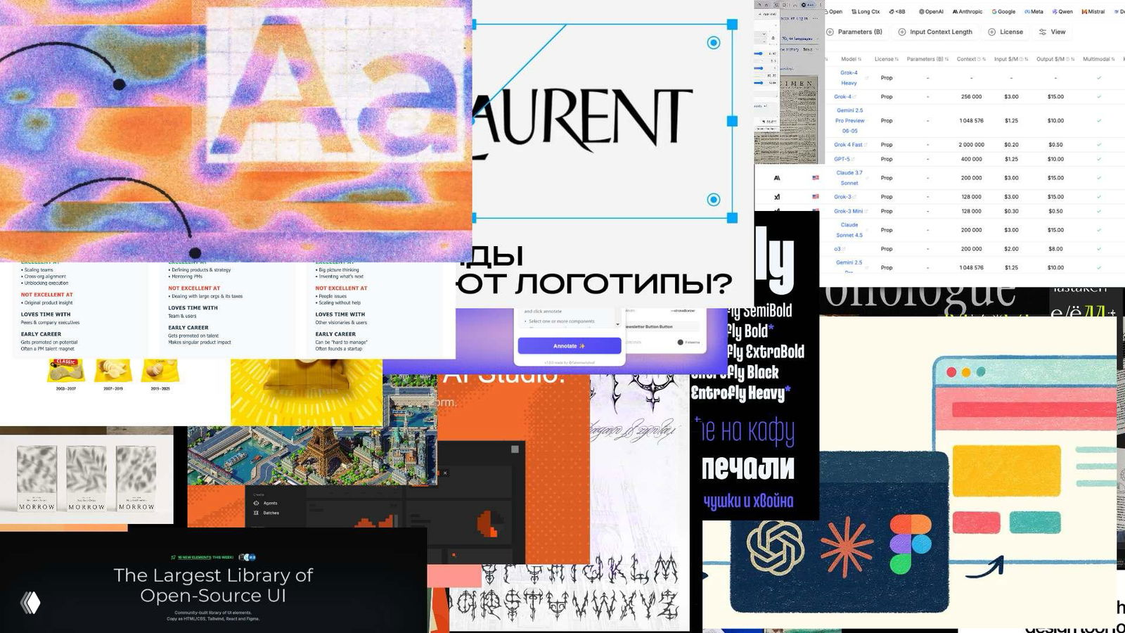 Коллаж-превью: фрагменты интерфейсов, логотипов, таблиц и иллюстраций, отображающие темы выпуска Журналус №482 про дизайн, портфолио и ИИ в UX