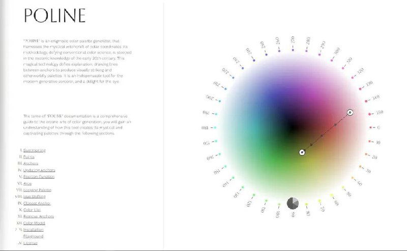 Скриншот интерфейса Poline — цветовой круг с отметками градусов, градиентные палитры и подчёркнутые якоря для генерации цветов.