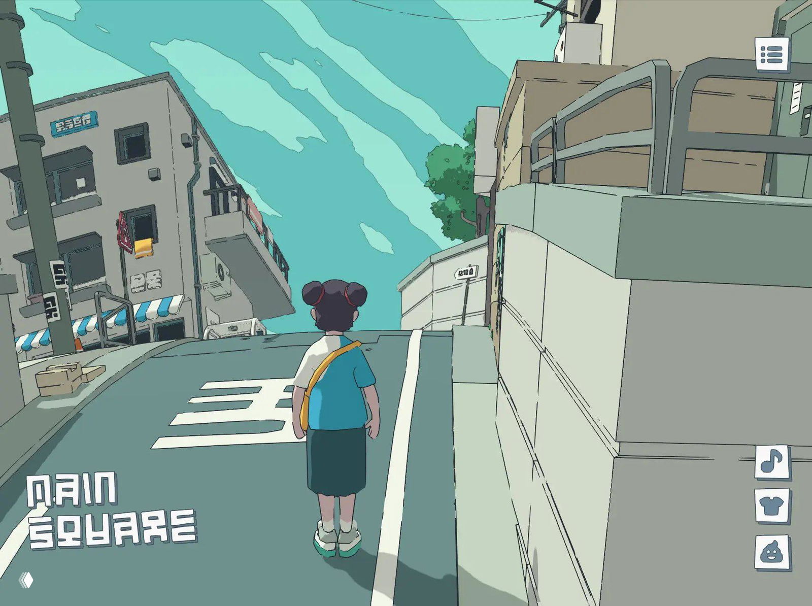 Скриншот сцены браузерной игры Messenger: фигурка курьера идёт по наклонной городской улице на фоне домов и неба.