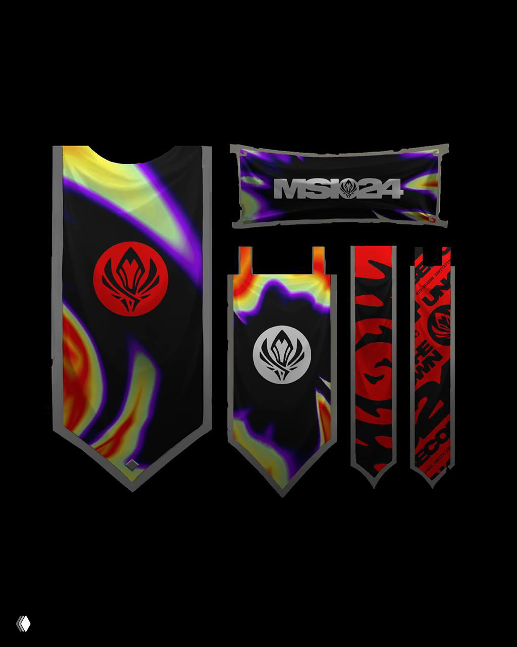 Набор вертикальных и горизонтальных баннеров с логотипом MSI24 на чёрном фоне, яркие кислотные тепловые карты и неоновая палитра для айдентики.