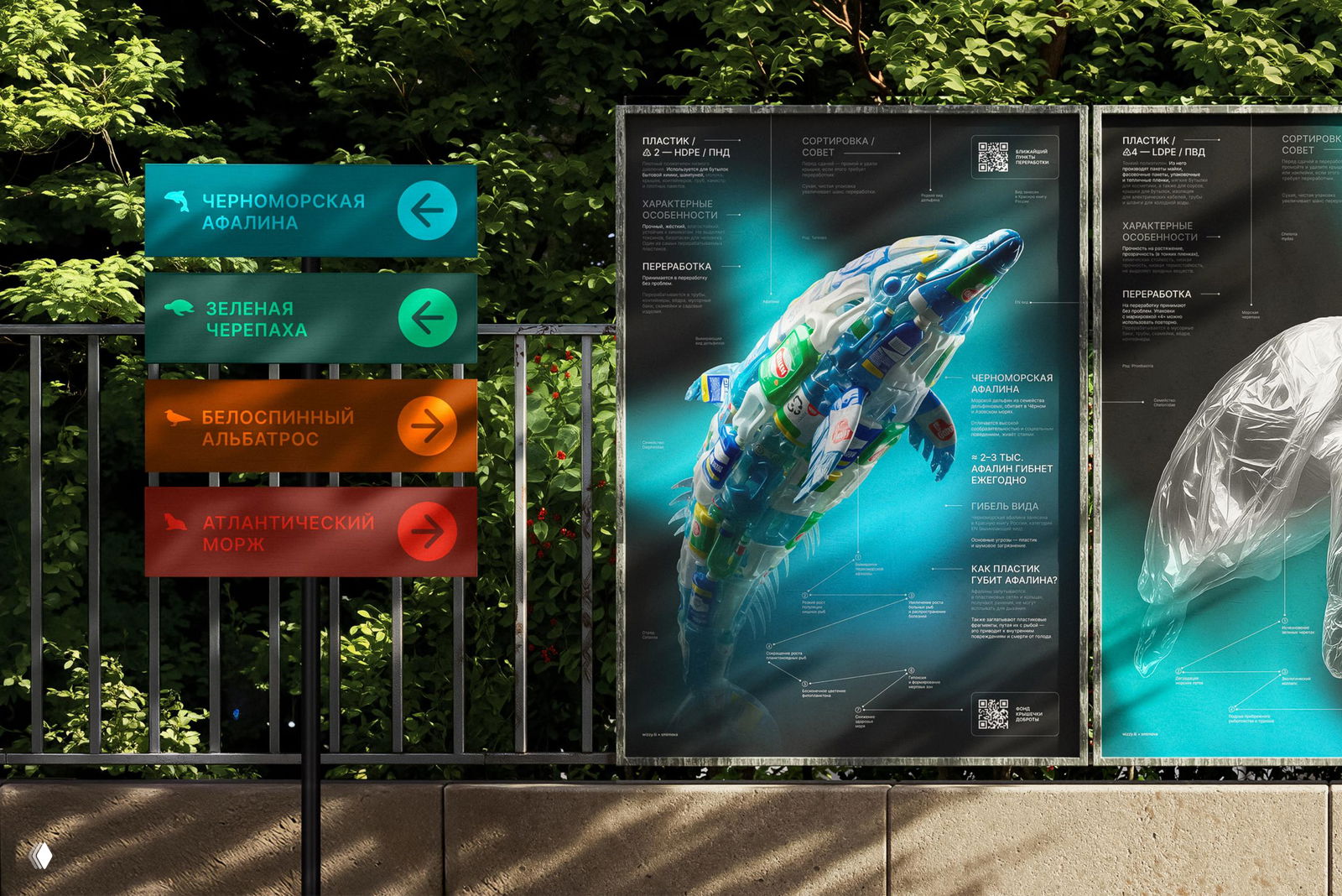 Уличный кадр: ориентирные таблички рядом с билбордом, на котором изображена афалина, составленная из множества пластиковых бутылок на зелёном фоне.