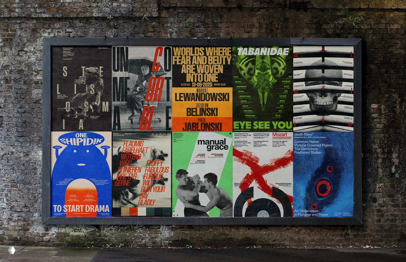 Макет билборда на кирпичной стене с набором разноцветных постеров: демонстрация применения дизайна в уличной среде и контекстной презентации.