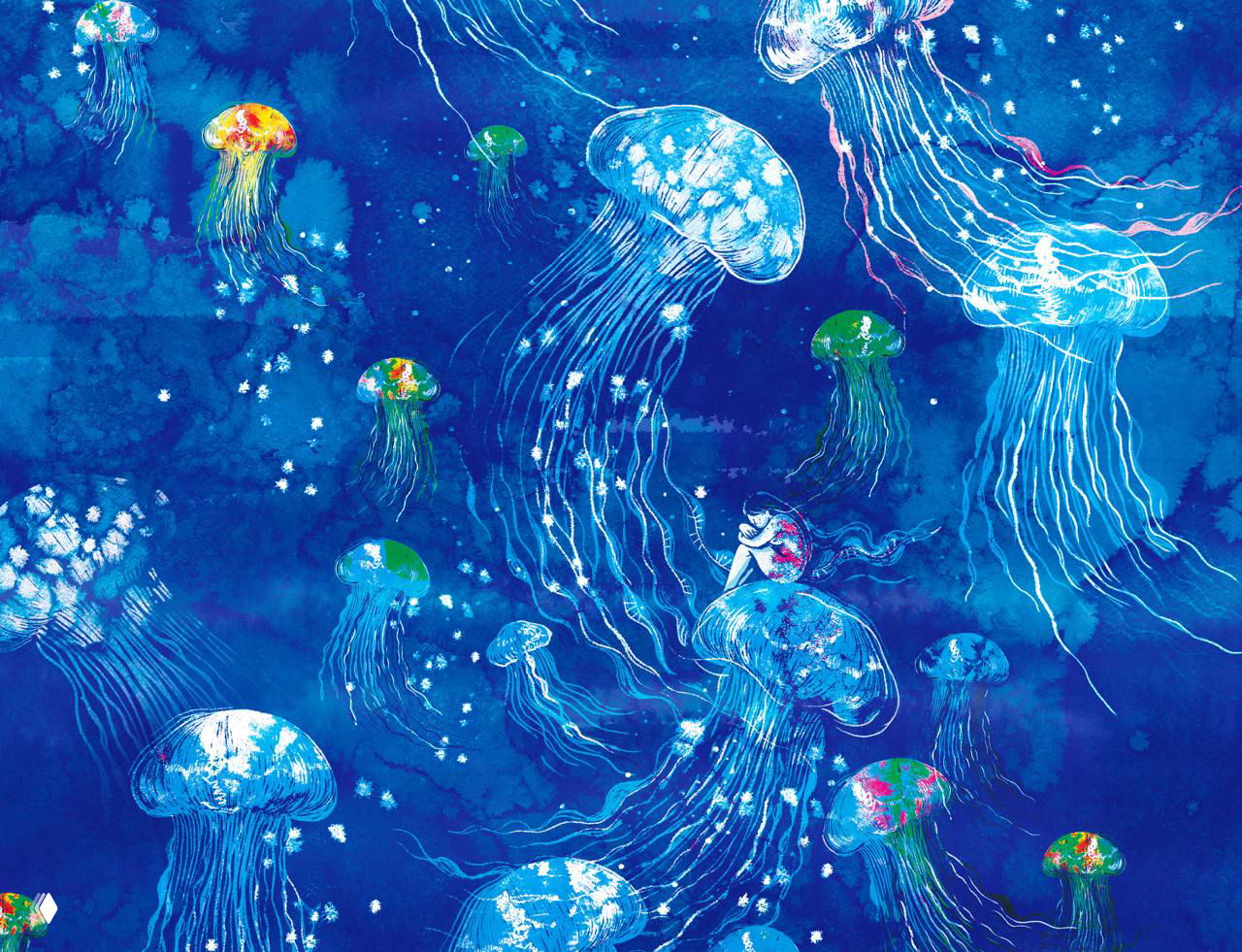 Иллюстрация с медузами: множество светящихся медуз в глубоких синих глубинах, их щупальца и крошечная фигурка человека в мечтательной сцене.