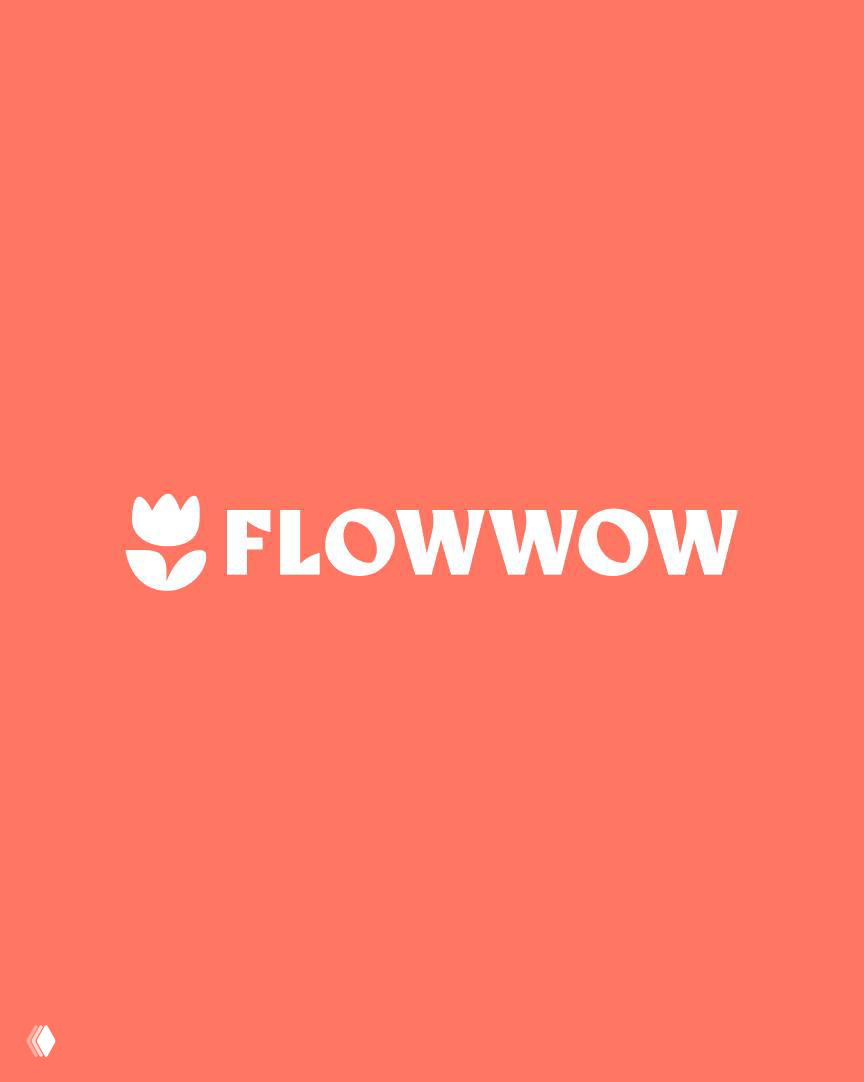 Минималистичный коралловый фон с белым логотипом FLOWWOW — промо-арт новой айдентики и знак бренда на однотонном поле.