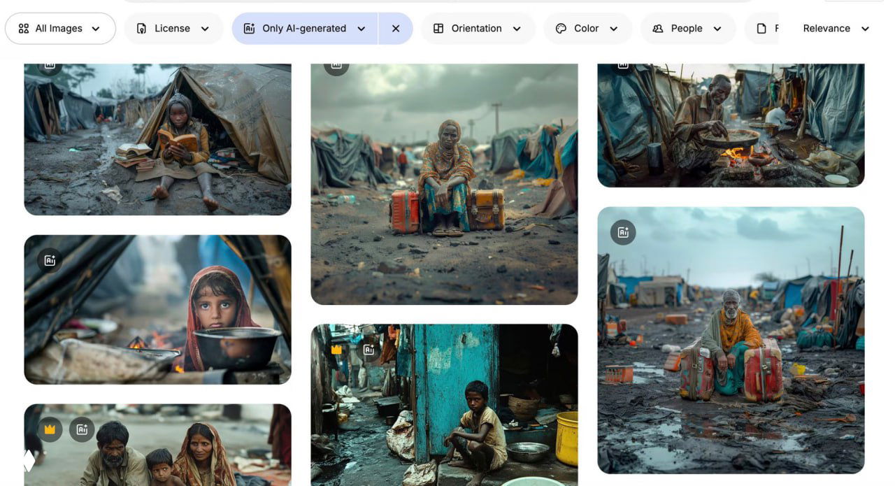 Фотореалистичное изображение людей в условиях нищеты — дети и взрослые в грязной обстановке; кадр выглядит как сгенерированный ИИ