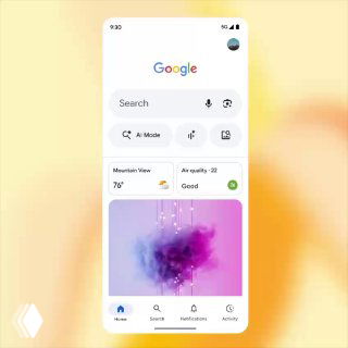 Скриншот Google Lens в мобильном приложении: экран поиска с иконкой камеры и превью с пурпурно-голубой созданной картинкой.