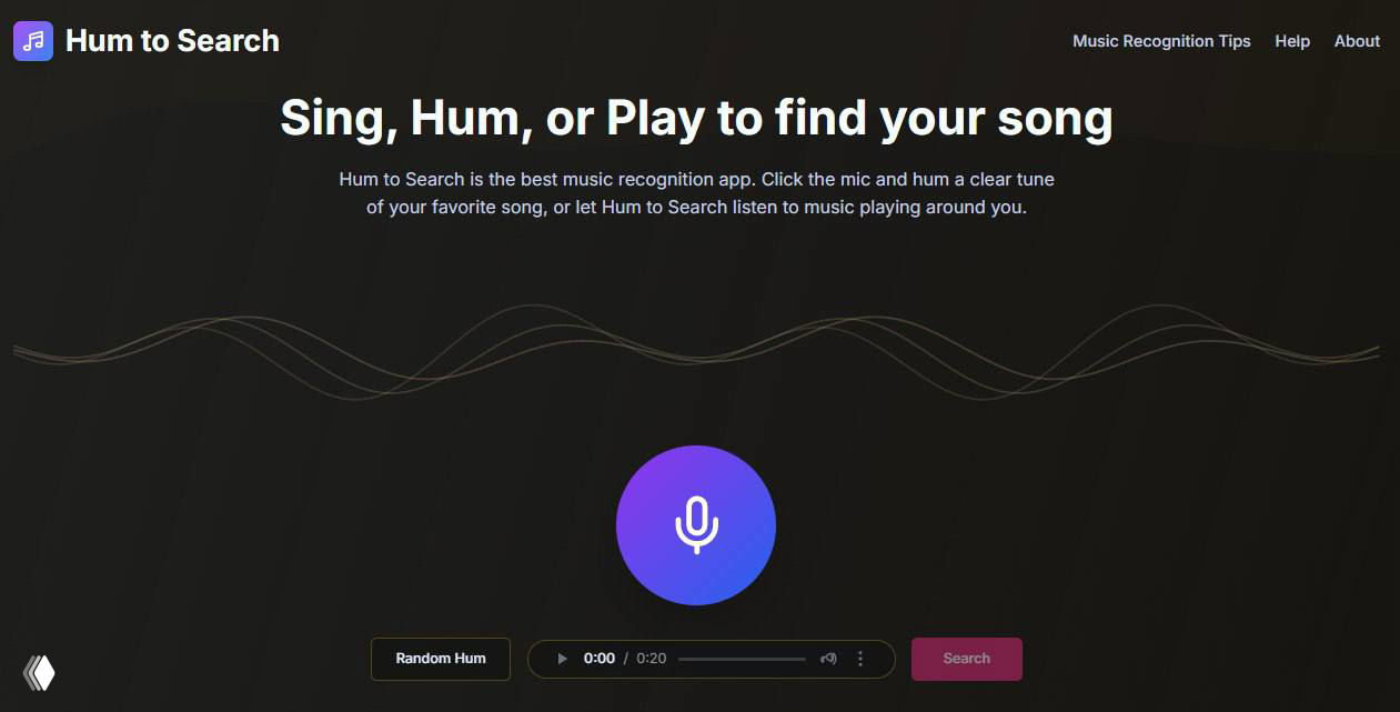 Скриншот веб‑страницы Hum to Search: тёмный интерфейс с заголовком, большой иконкой микрофона и визуализацией звуковых волн на экране.
