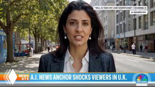 Скриншот документалки Channel 4: женщина‑ведущая в деловом костюме на городской улице; её образ и голос созданы генеративным ИИ.