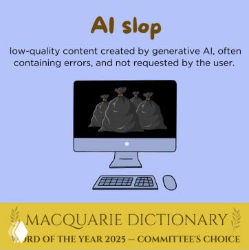 Иллюстрация: надпись «AI slop», изображение монитора с мешками мусора и полоса Macquarie Dictionary — к новости о слове года.