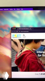 Скриншот экрана: открыта страница PhET с интерактивной симуляцией, окно браузера и фотография ребёнка в интерфейсе.