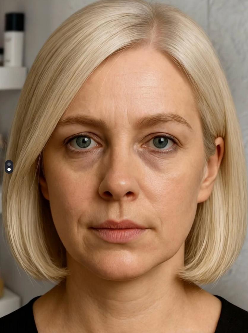 Крупный портрет женщины в нейтральной обстановке: видны тёмные круги и отёчность под глазами, документальная фотография лица без явного макияжа.