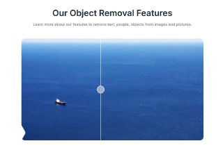 Демонстрация удаления объектов: морской снимок с кораблём на разделённом «до/после» экране, показывающем результат.