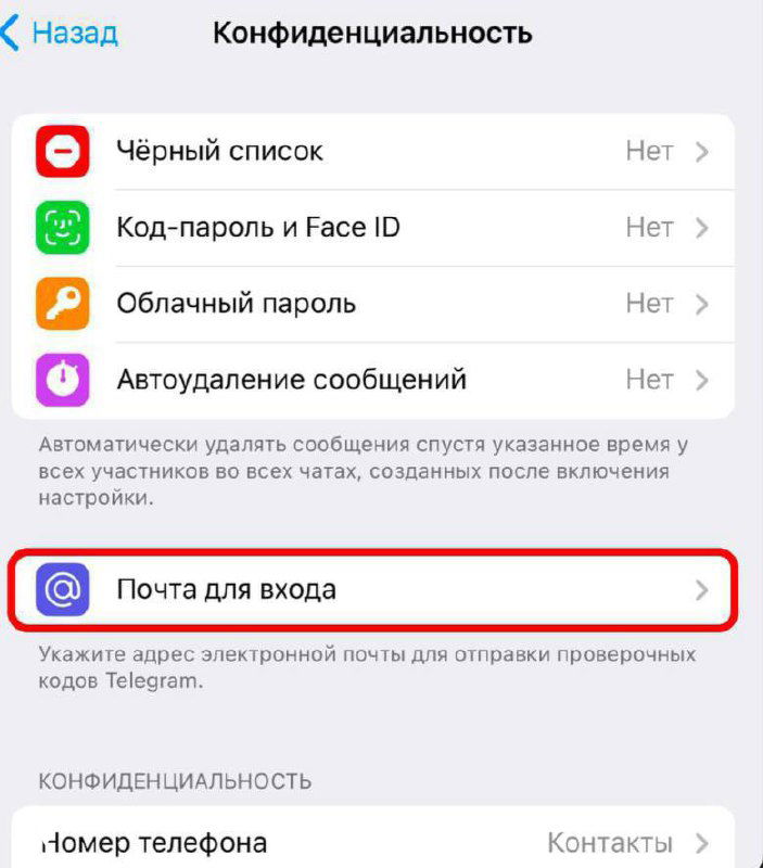 Скриншот настроек Telegram: экран «Конфиденциальность» с пунктом «Почта для входа», выделенным красной рамкой; подсказка про отправку кодов на e‑mail.