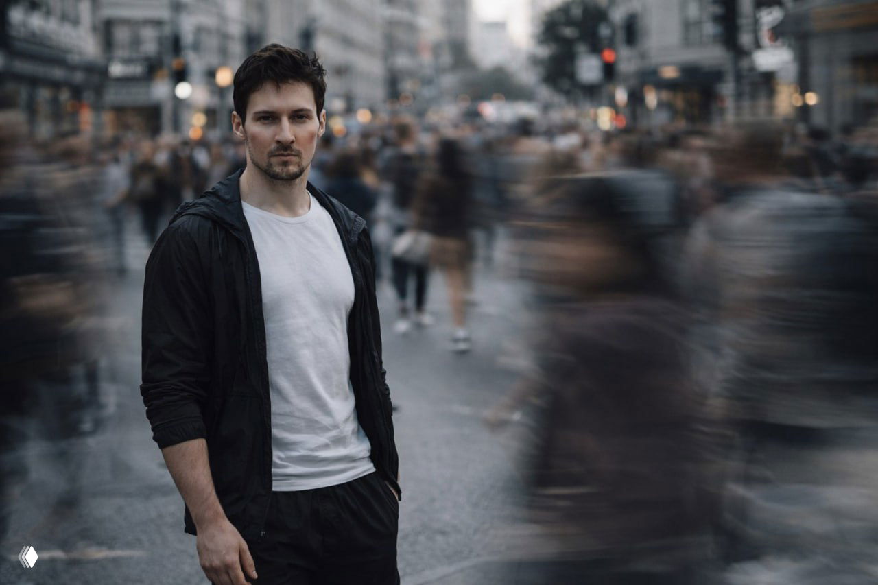 Мужчина в повседневной одежде стоит в центре городской улицы; фон — размытая толпа и урбанистическая архитектура, создающие динамику кадра.