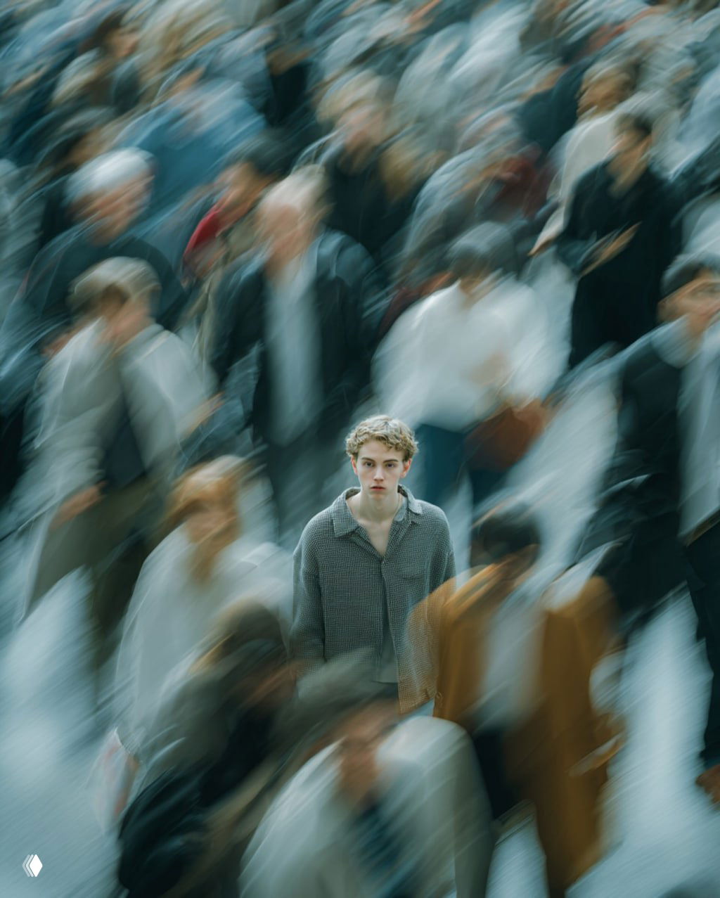 Молодой человек среди плотной толпы; выраженное вертикальное размытие и спокойная поза в контрасте с динамикой окружающих людей.