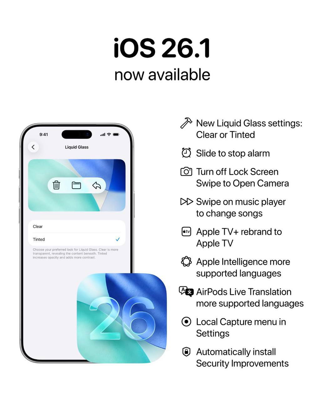 Скриншот iPhone с iOS 26.1: окно настроек Liquid Glass и список новых функций — свайп для будильника, отключение жеста камеры, AirPods Live Translation и Apple Intelligence