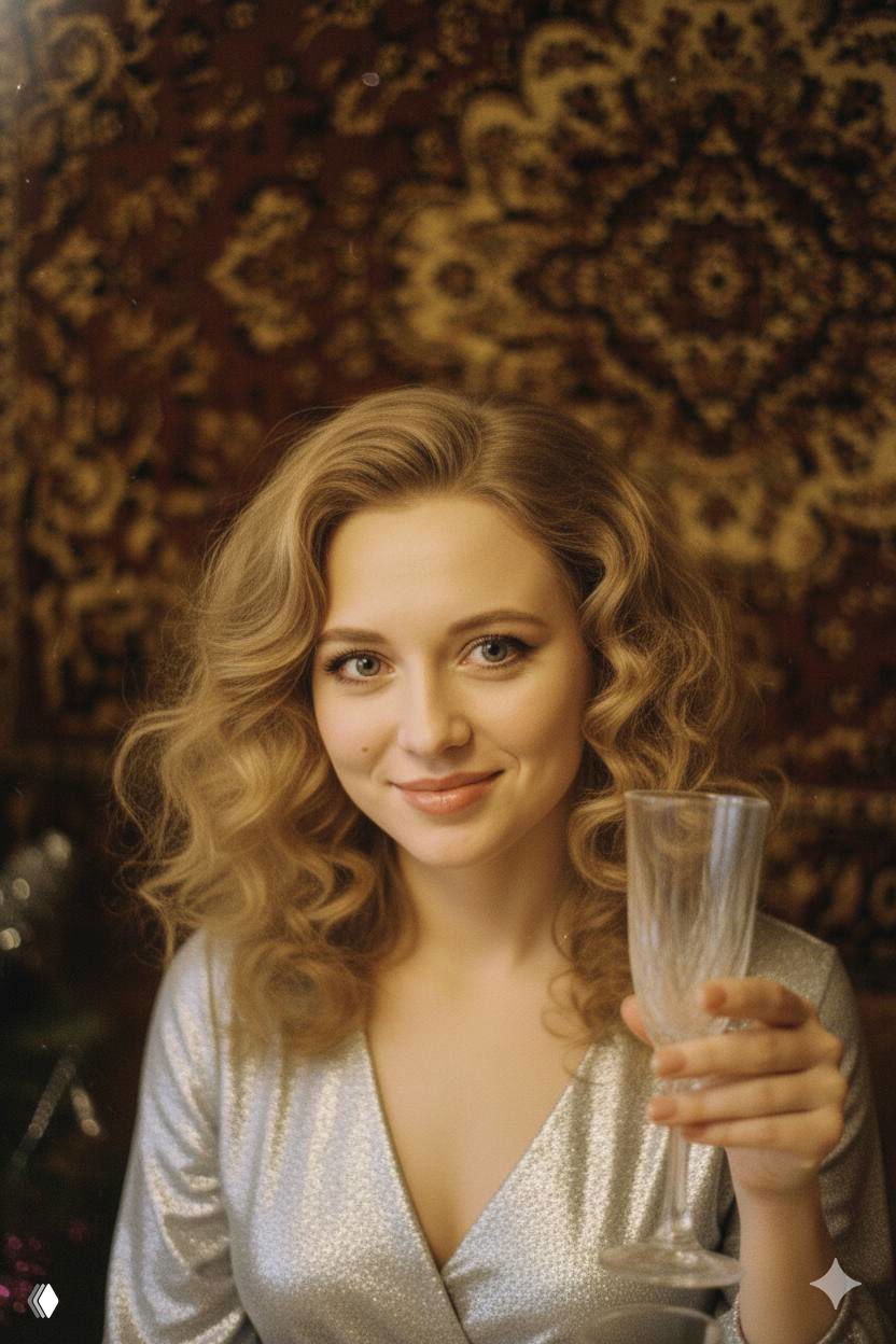 Крупный портрет женщины в серебристом платье в интерьере 1980-х: мягкие светлые кудри, бокал шампанского, коричневый орнаментный ковёр на стене, тёплый ламповый свет.