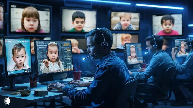 Оператор в колл‑центре за компьютером с наушником; на мониторах показаны лица детей — иллюстрация мошенничества с клонированием голосов через ИИ.