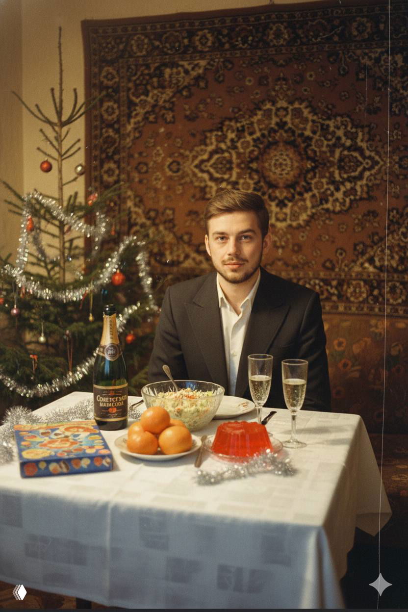 Портрет мужчины в тёплом ламповом свете на фоне узорного ковра и украшенной елки, выражение лица нейтрально‑праздничное, плёночная зернистость.