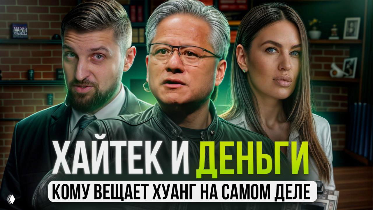 Миниатюра подкаста: Дженсен Хуанг (Nvidia) в центре, по бокам два ведущих; фон — кабинет с полками и надписью «Хайтек и деньги».