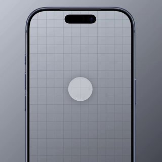 Снимок экрана iPhone: интерфейс с сеткой и центральным кругом, иллюстрация обновлённого дизайна Liquid Glass и регулировки интерфейса в iOS.