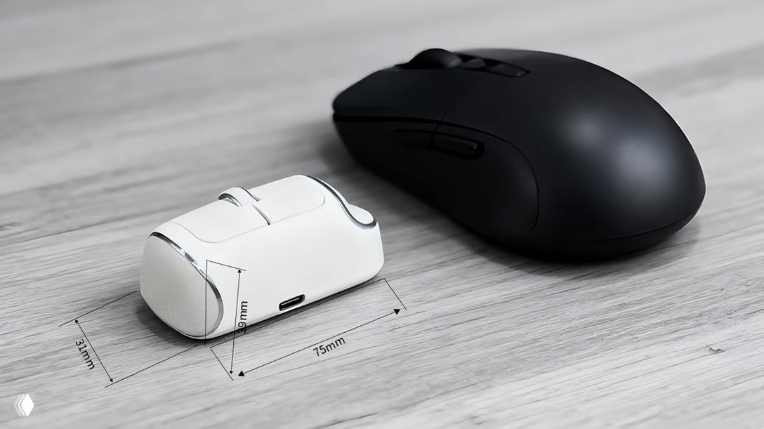 Сравнение размеров: белая NanoFlow i2 рядом с обычной чёрной мышью; на изображении указаны габариты модели (примерно 75×31 мм) и порт USB‑C.