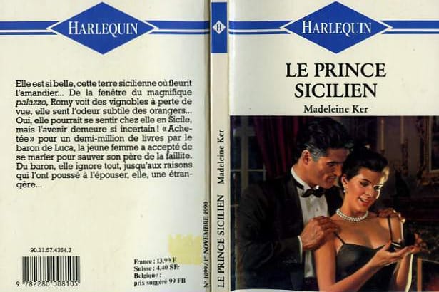 Обложка романтического романа Harlequin: мужчина в костюме и женщина в вечернем платье, виден корешок с логотипом издательства.