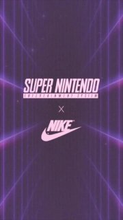 Вертикальная иллюстрация с логотипами Super Nintendo и Nike на фиолетовом ретро‑градиенте, неоновая сетка и стилизация под 90‑е.