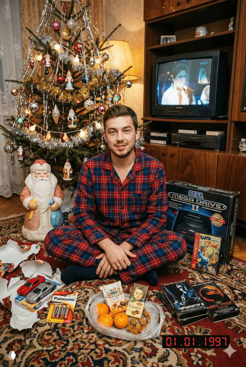 Молодой мужчина в фланелевой пижаме сидит у ёлки с подарками 90-х: Sega Mega Drive II, VHS в картонных боксах, батарейки и пакет с мандаринами; кадр стилизован под 1997.