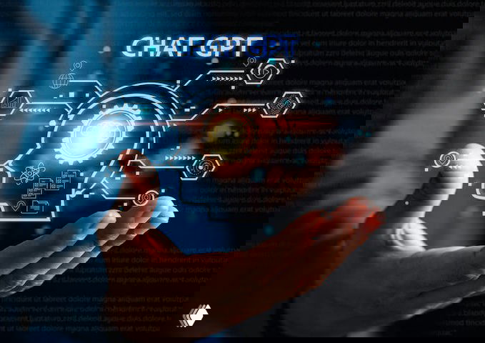 Иллюстрация: рука на темном фоне держит подсвеченную абстрактную схему искусственного интеллекта с подписью «CHAT GPT», символ технологии и взаимодействия.