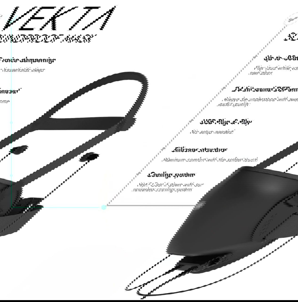Инфографика Vekta с перечислением функций: до -30 дБ шумоподавления, 24‑битный DSP‑микрофон, USB Plug & Play, силиконовая структура и система охлаждения.