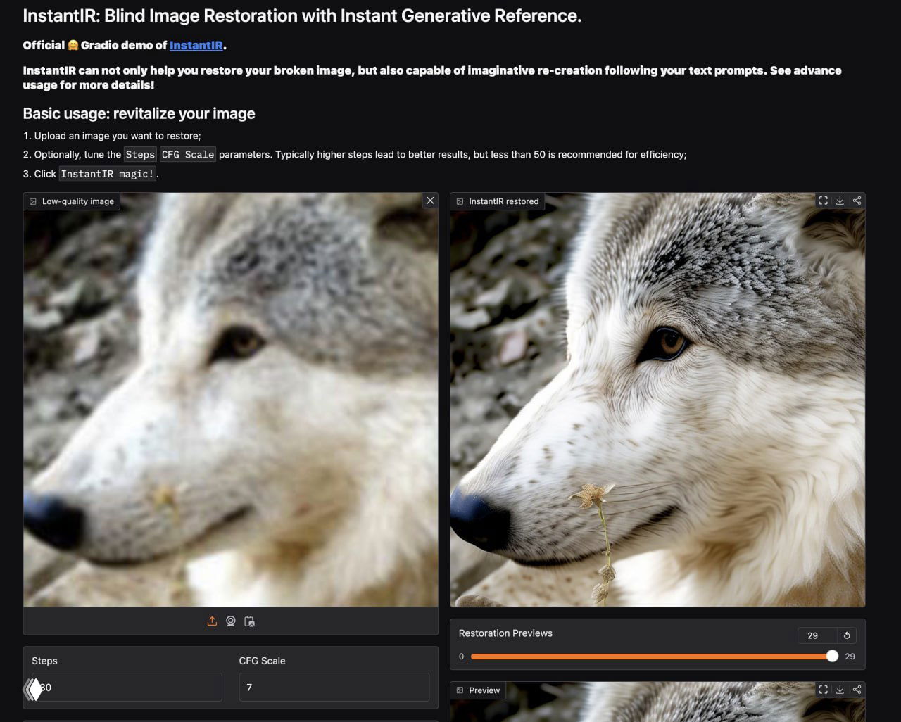 Скриншот демо InstantIR: два окна «до» и «после» восстановления изображения (фото волка), панель настроек и кнопка InstantIR magic в интерфейсе.