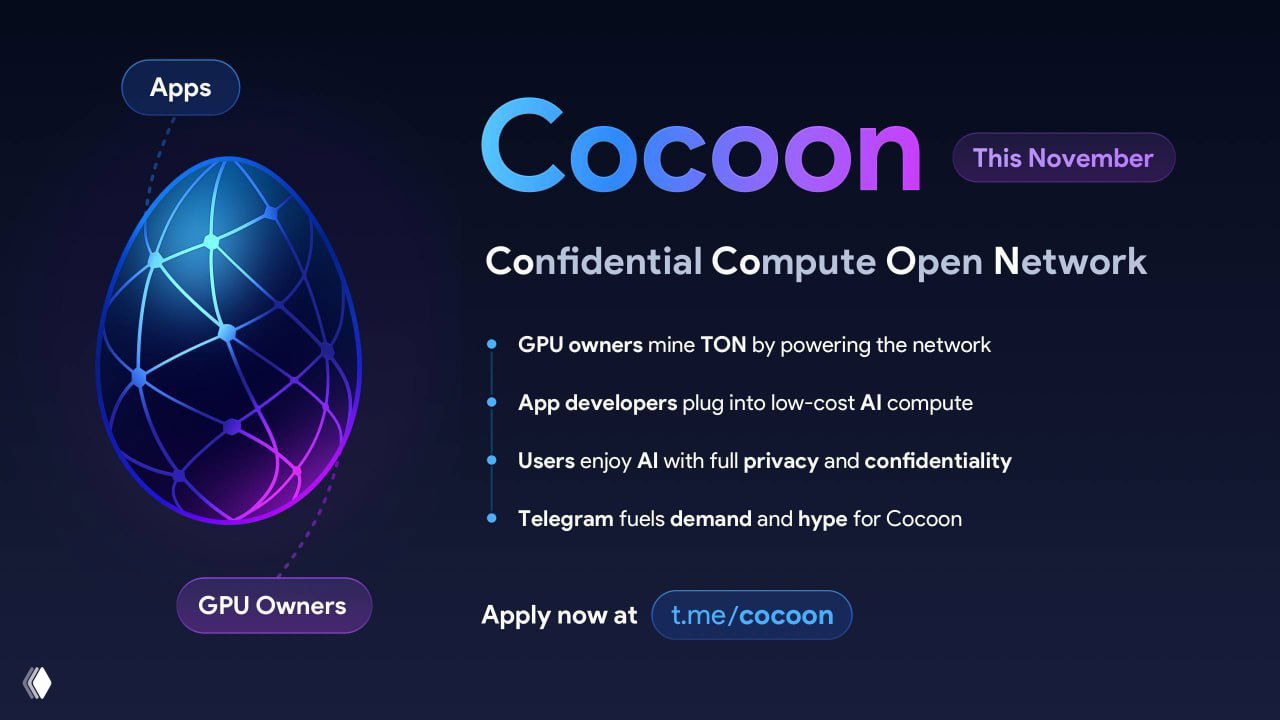 Рекламный баннер Cocoon с крупной стилизованной «яйцо»-графикой сети, списком преимуществ (приватность, TON, аренда GPU, интеграция с Telegram) и пометкой запуска в ноябре.