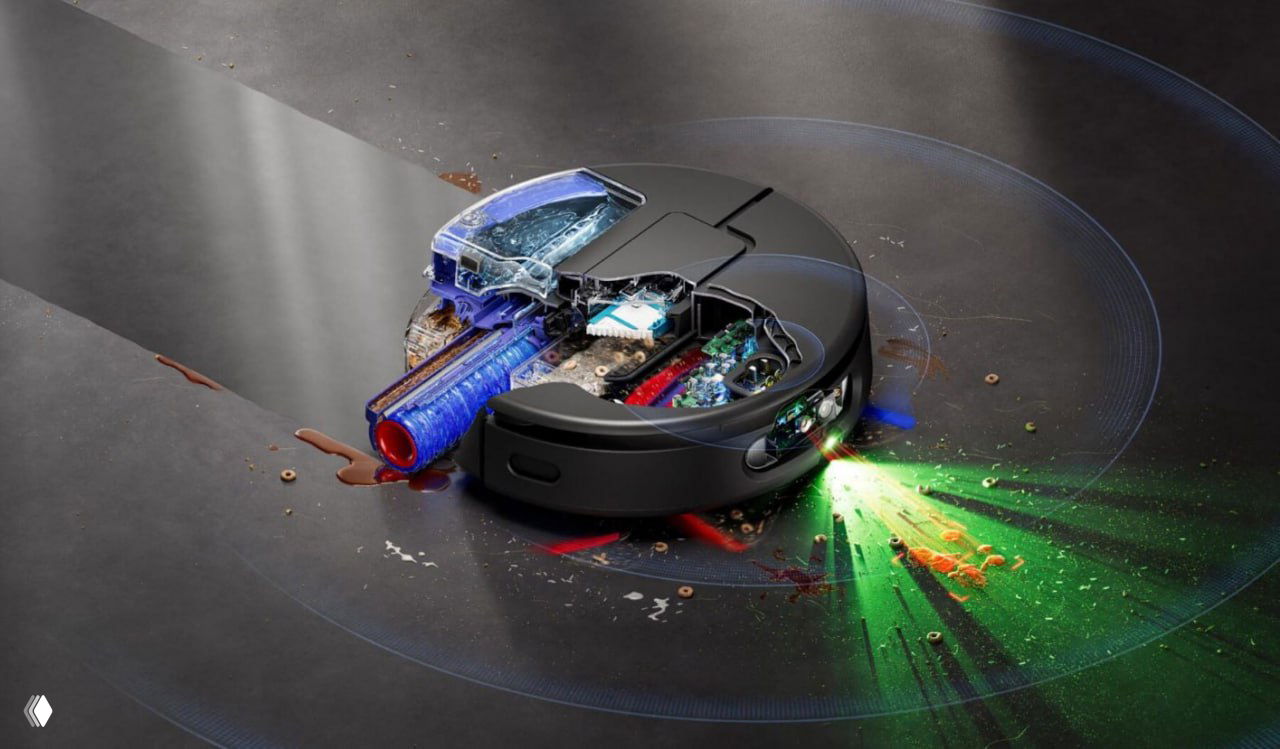 Иллюстрация внутренней конструкции и проекции датчиков Dyson Spot+Scrub AI, показывающая уборку пятен и лазерную разметку областей для чистки на полу.