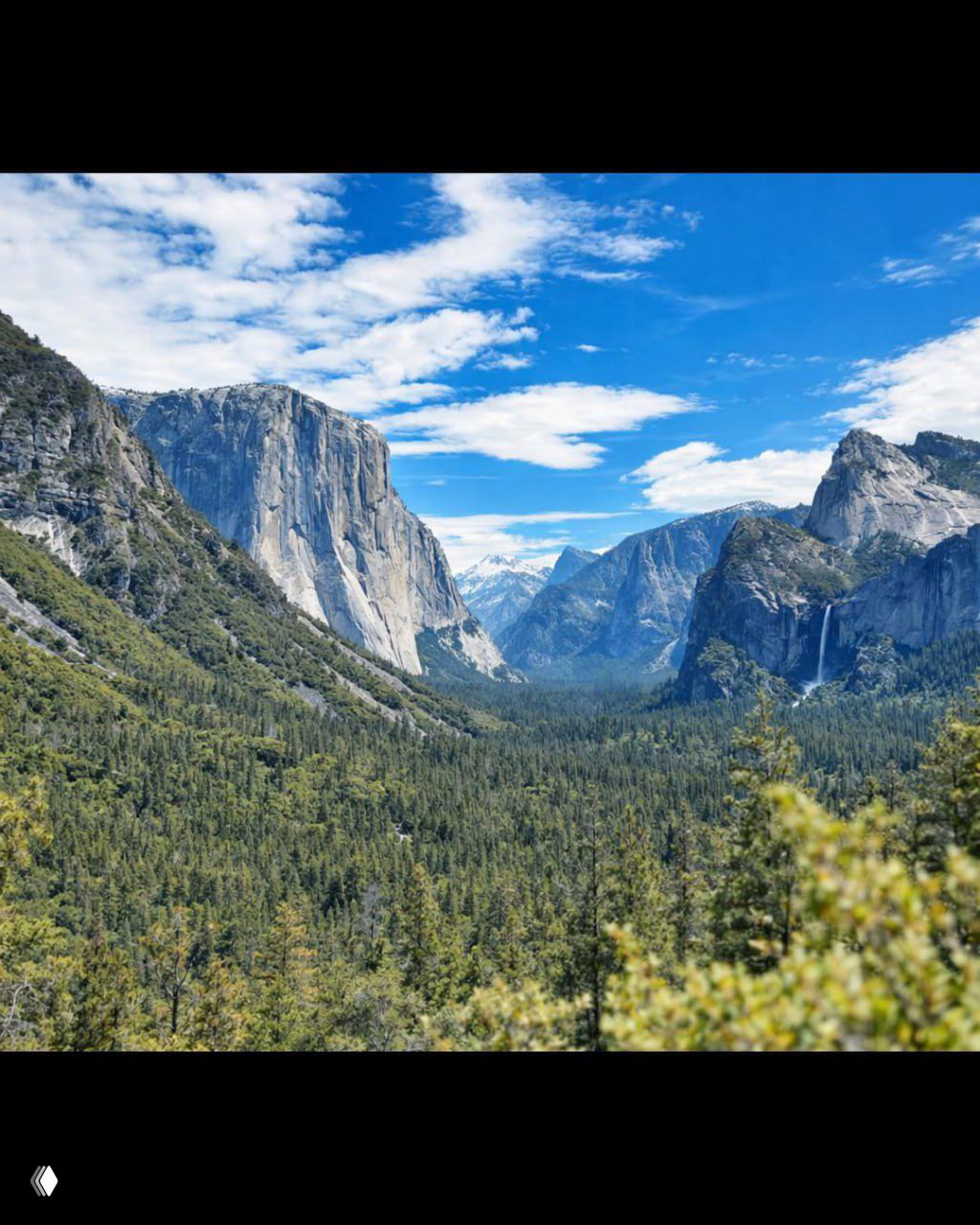 Чёткая фотография горной долины с лесом, скалами и водопадом; панорамный вид, похожий на туннельный вид Йосемитской долины.