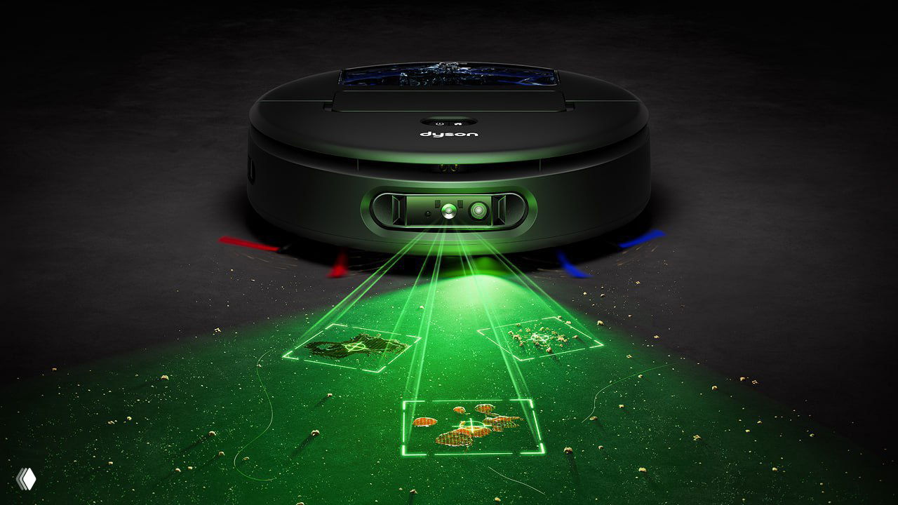 Фронтальный вид Dyson Spot+Scrub AI с зелёной подсветкой датчиков и выделенными зонами на полу, где робот обнаруживает и убирает крупные частицы грязи.