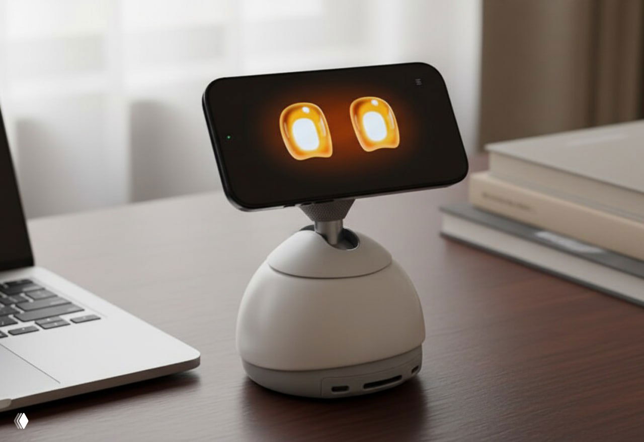 Белая куполообразная зарядная станция DeskMate на столе с установленным iPhone: на экране отображаются «глазки», создающие эффект живого персонажа.