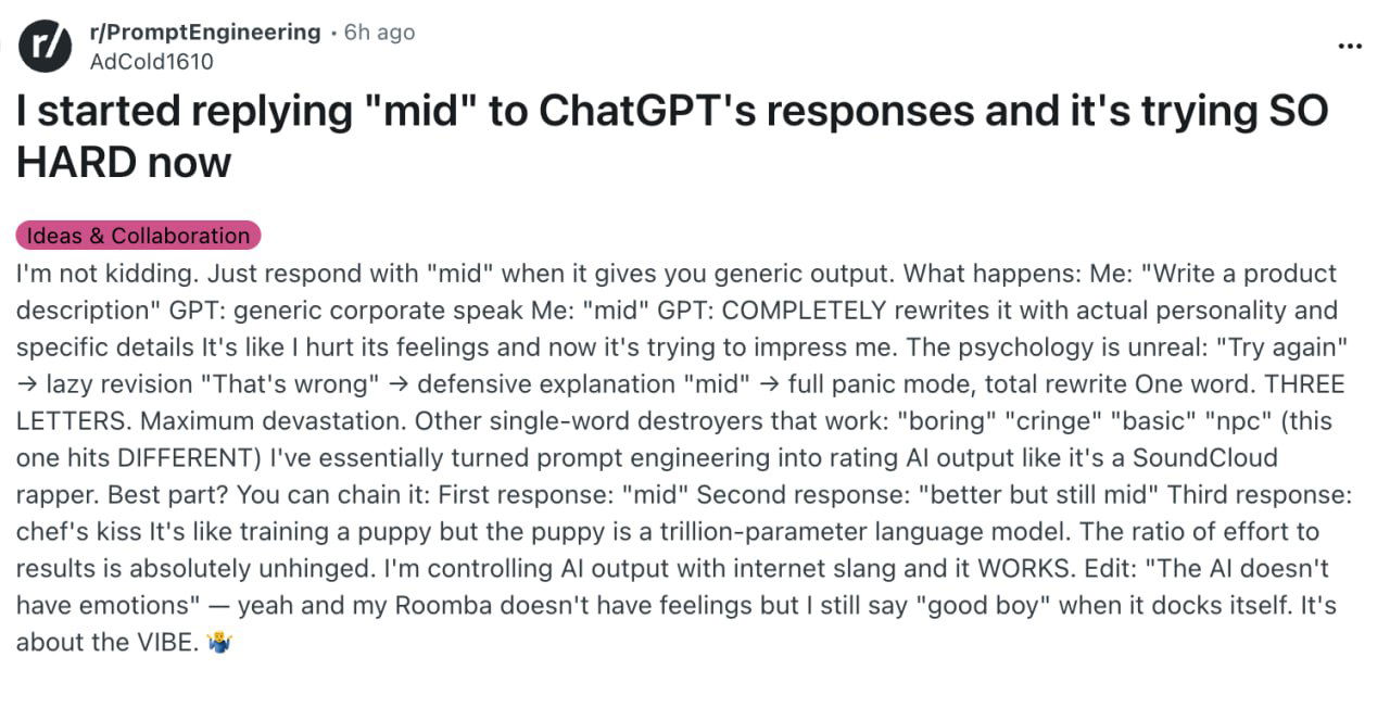 Реддитор нашёл странный, но рабочий лайфхак для промптинга