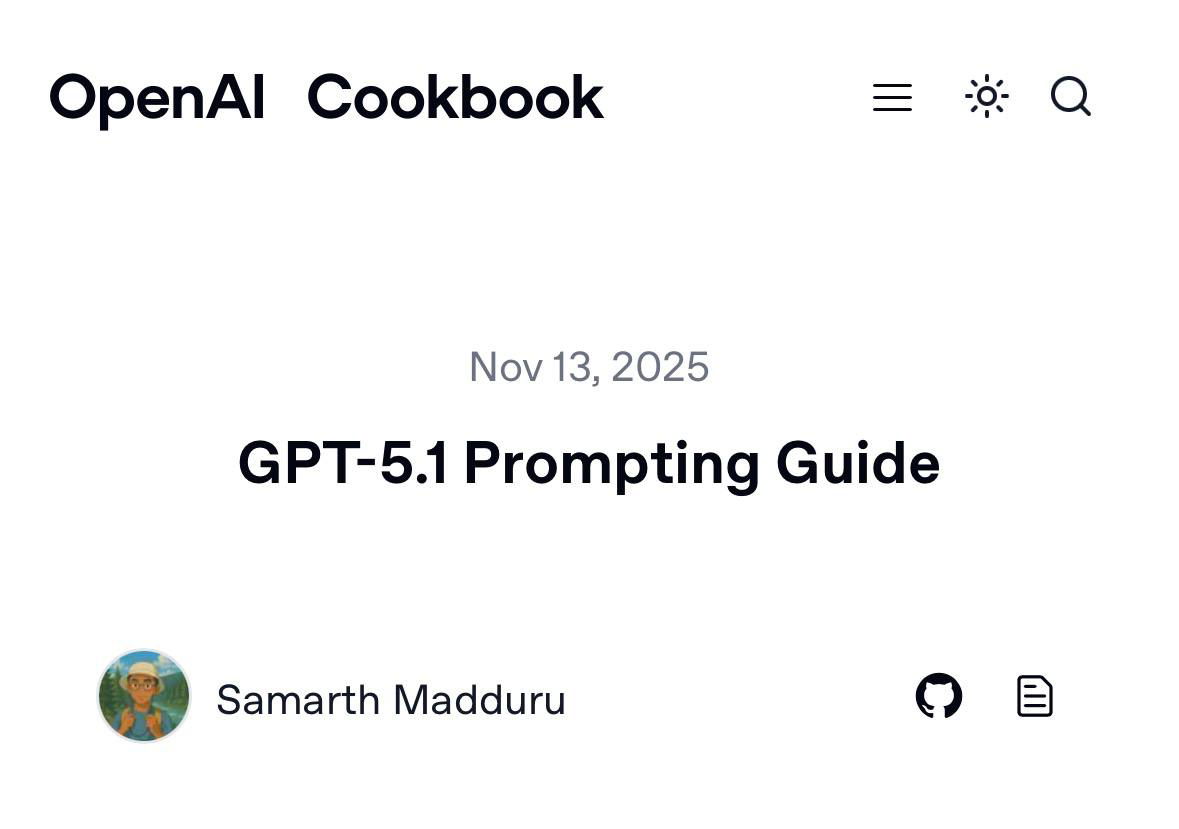 Скриншот страницы OpenAI Cookbook с заголовком «GPT‑5.1 Prompting Guide», датой публикации и минималистичным интерфейсом сайта.