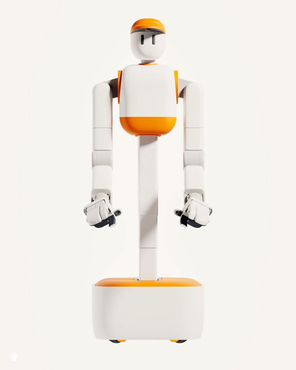 Фотография робота Memo крупным планом в анфас: округлая голова с глазами‑щелями и оранжевая кепка, минималистичный белый корпус.