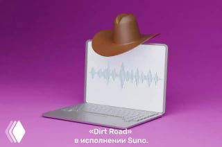Ноутбук с волновой формой аудиосигнала и ковбойской шляпой; на изображении подпись: «Dirt Roads» в исполнении Suno, пример ИИ-версии трека.