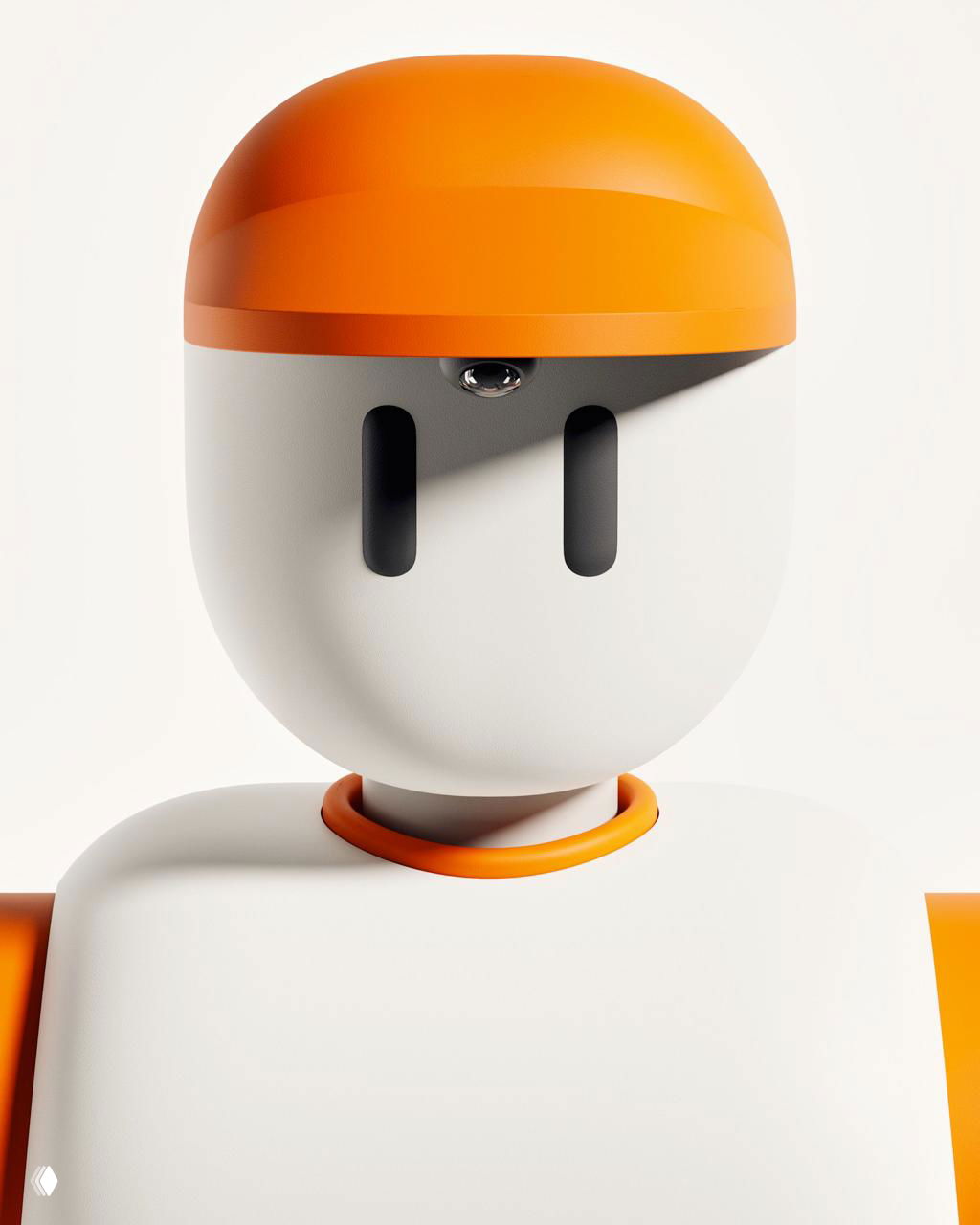 Крупный план головы робота Memo: белая округлая форма, оранжевая верхняя часть и небольшой объектив‑камера под козырьком.