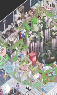 Изометрическая сцена в пиксель-арте: персонажи из фильмов, сериалов и игр на 796-м этаже космической станции, множество деталей.