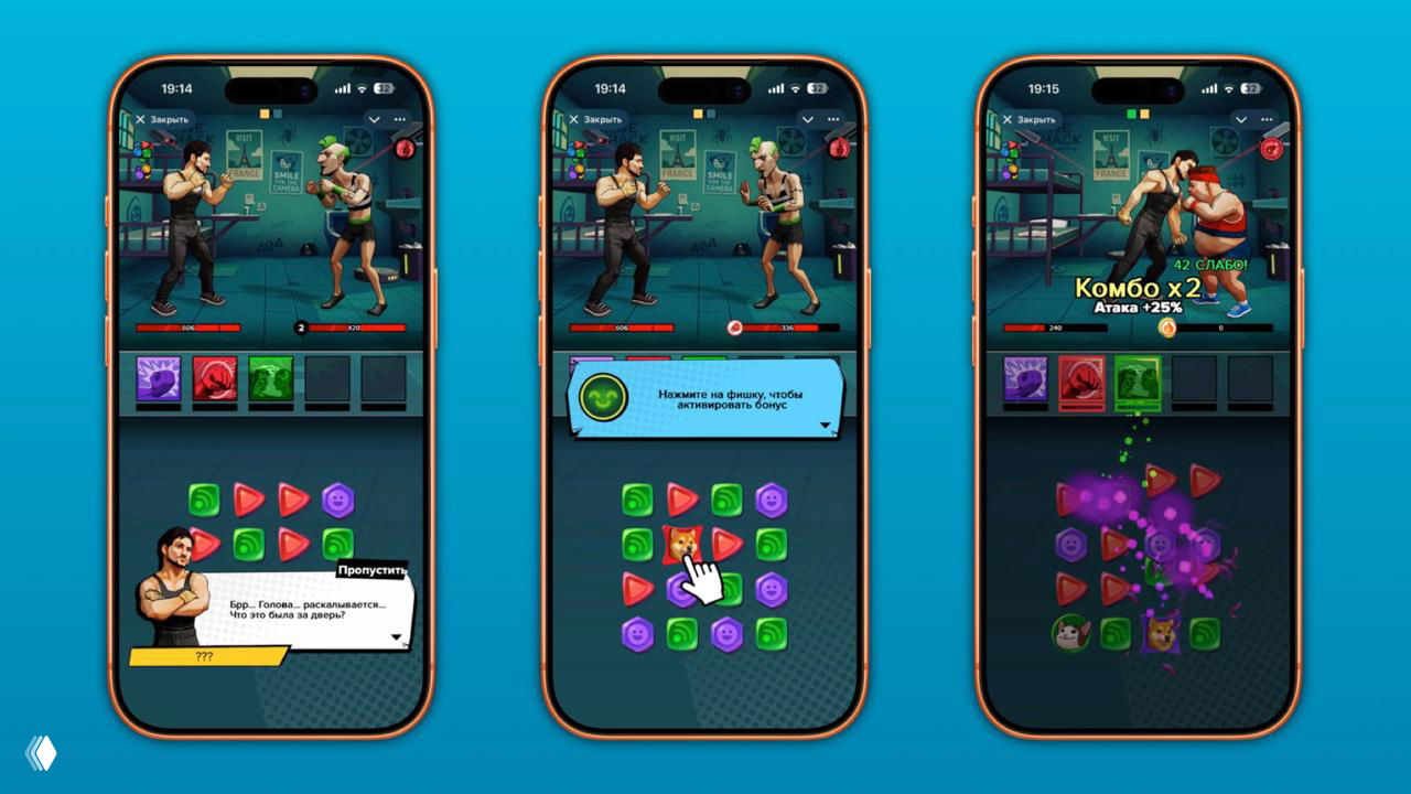 Три миниатюры мобильного интерфейса Total Glitch: бои, матч-3 элементы и демонстрация геймплея на экранах смартфонов.