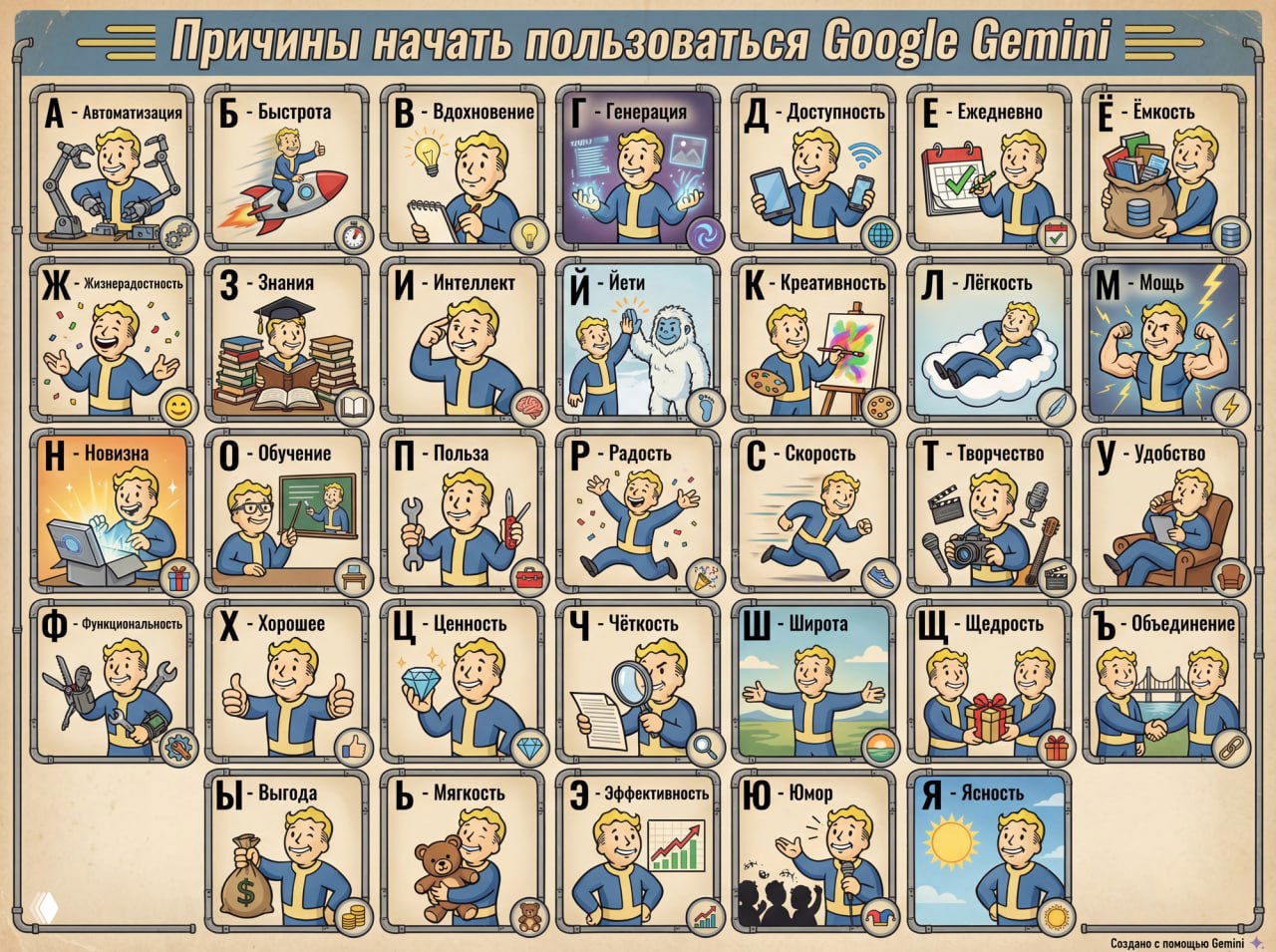 Инфографика «Причины начать пользоваться Google Gemini» в виде таблицы с пиктограммами, показывающая преимущества и функции модели.