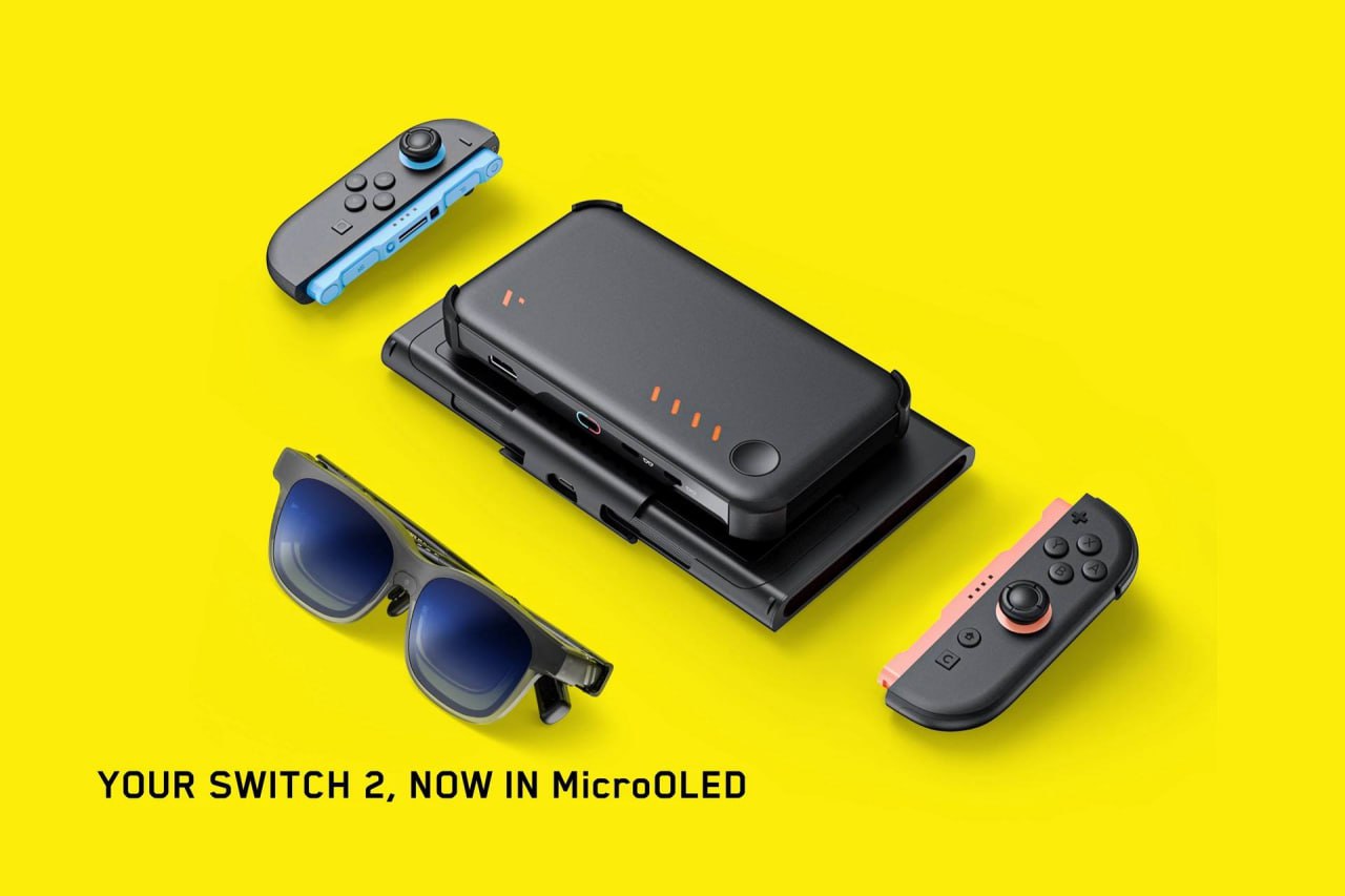 Композиция с очками Viture, портативной консолью и аксессуарами на жёлтом фоне, подчёркивается совместимость со Switch и портативными устройствами.