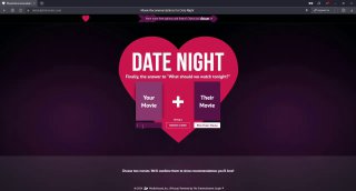 Скриншот главной страницы Date Night Movies: тёмный фон, два макета смартфонов и крупный розовый логотип «DATE NIGHT» в центре экрана.