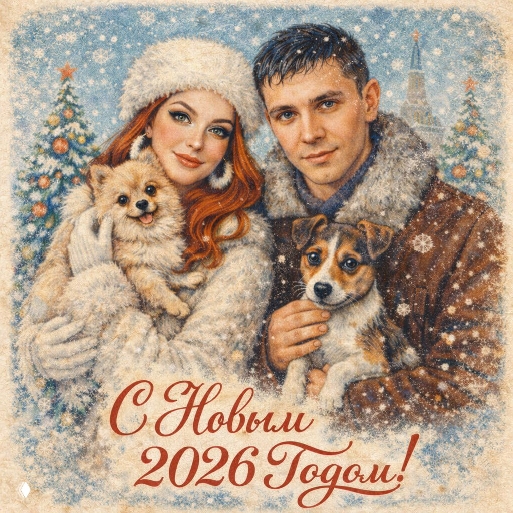 Иллюстрация в стиле советской новогодней открытки: пара в меховой одежде держит собак, украшенная ёлка на заднем плане, заметна зернистая текстура бумаги.