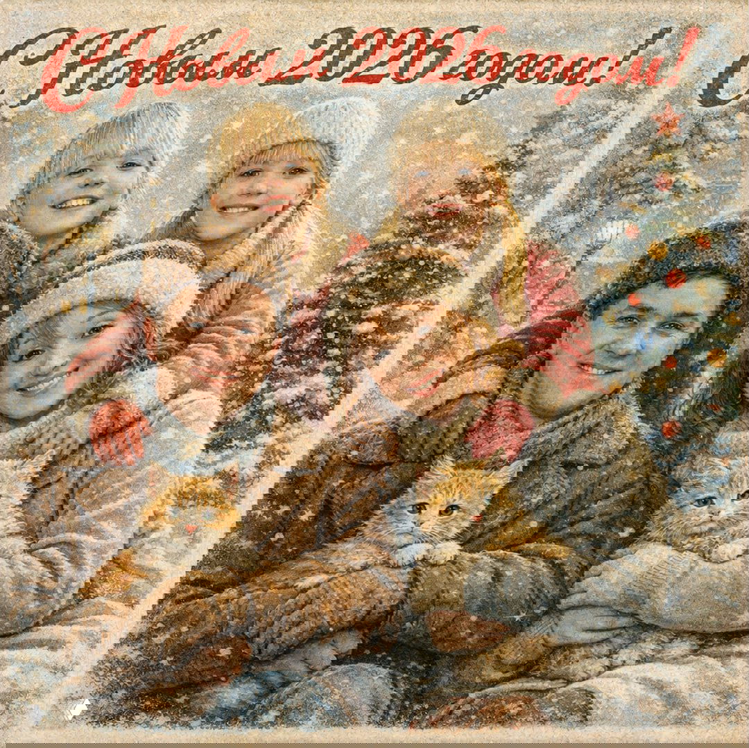 Ретро-открытка: счастливая семья из четырёх человек в зимней одежде держит котят, заснеженный фон и эффект выцветшей полиграфии создают ностальгическую атмосферу.