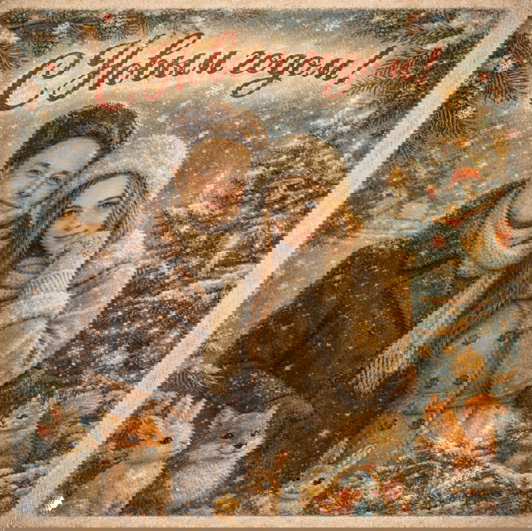 Советская иллюстрация: пара у украшенной ёлки, вокруг мультяшные лесные животные (зайцы, лиса), мягкое свечение и состаренная бумажная текстура.